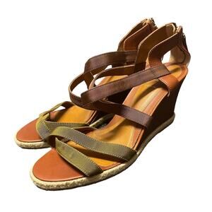 Fendi Espadrille Strappy Sandal Brown Tan Olive 38 Wedge Neutral Criss‎ Cross